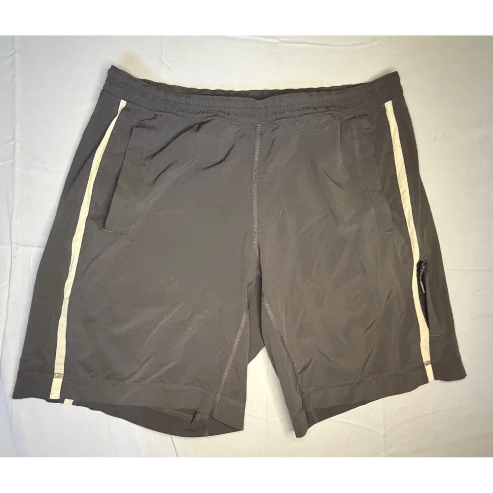 Lululemon Mens Athletic Training Shorts Charcoal Grey Mesh Stripe Size 34
